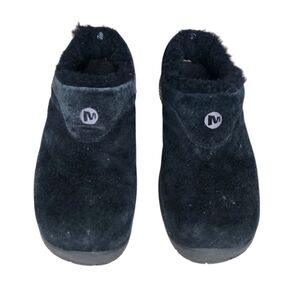 Merrell Encore Ice Fur Lined Suede Slip On Clogs Size 6.5 Black Mules Shoes.